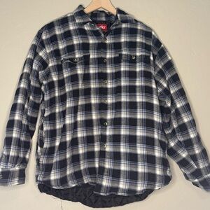 Wrangler Quilted Flannel Shirt Jacket Blue Black Plaid Lined Shacket Medium